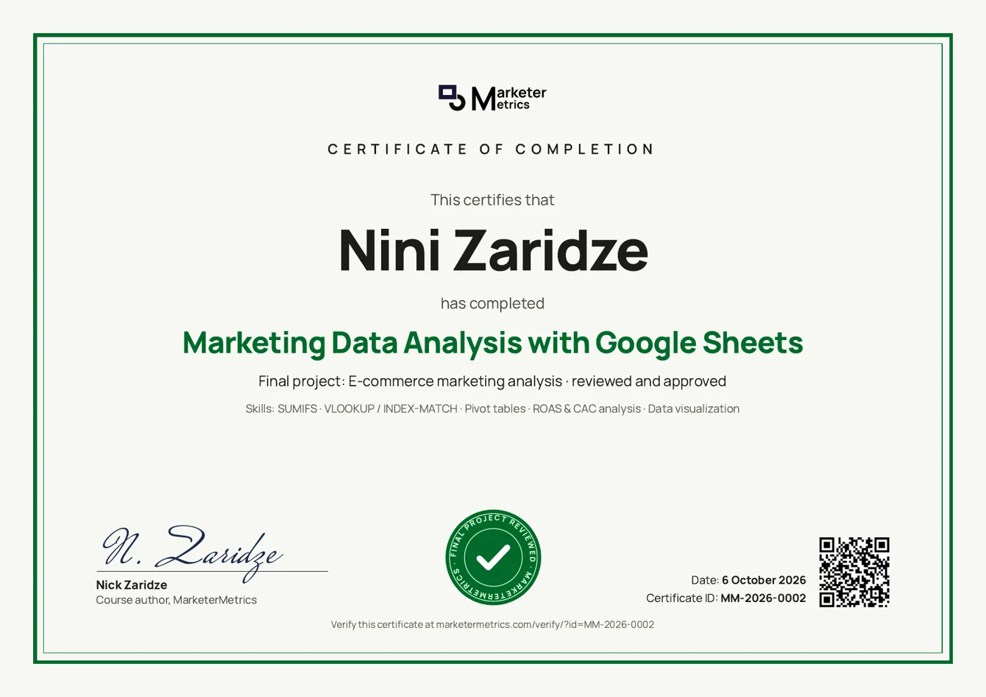 MarketerMetrics certificate of completion